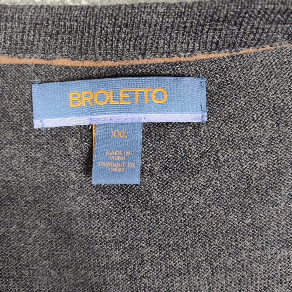 Broletto Mens XXL V-Neck Sweater 100% Merino Wool Gray Long Sleeve Knit Pullover